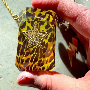 Vintage Betsey Johnson lucite leopard rhinestone star statement necklace